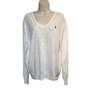 Polo Ralph Lauren Linen Cotton V-neck Knit Sweater Shirt White Blue XL